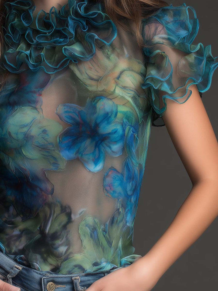 Sheer floral mesh top side view