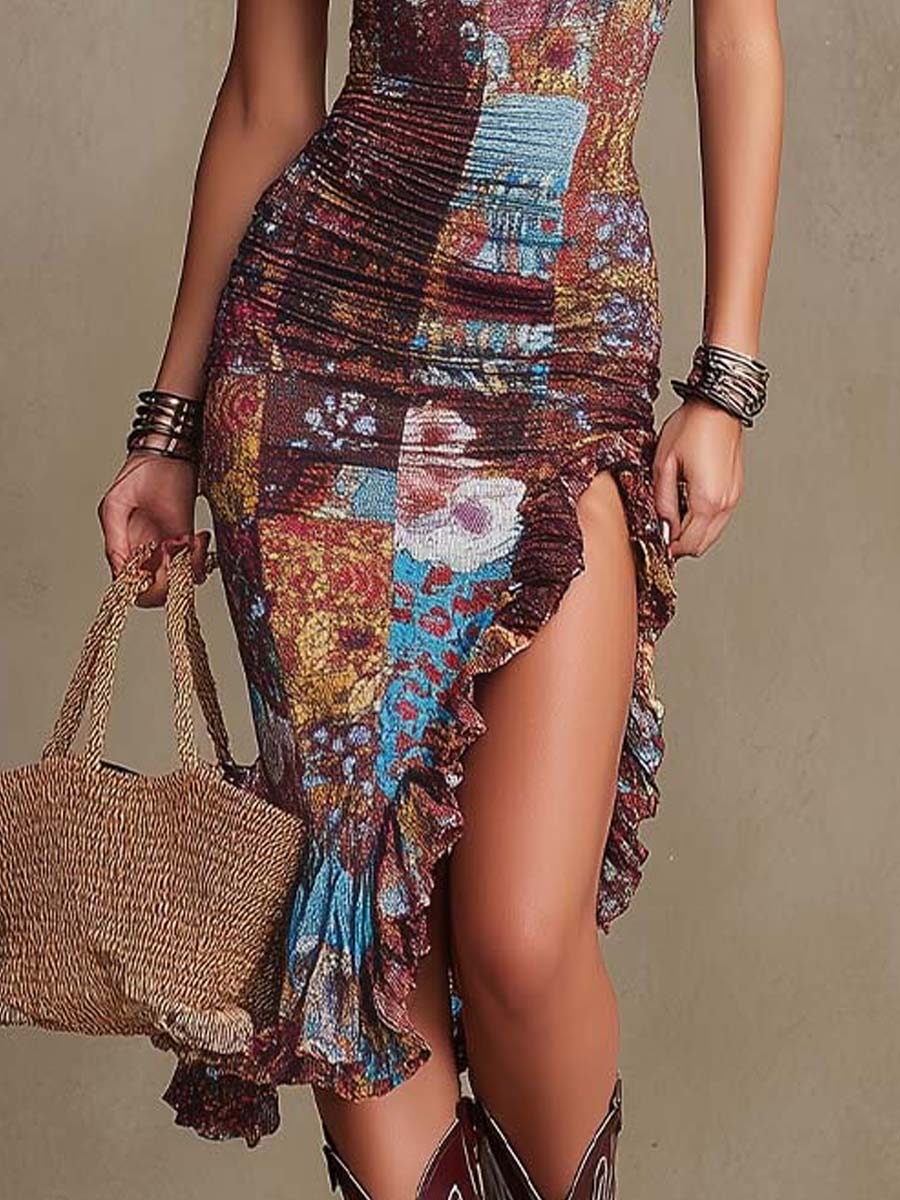 Boho floral ruffle midi dress styled look