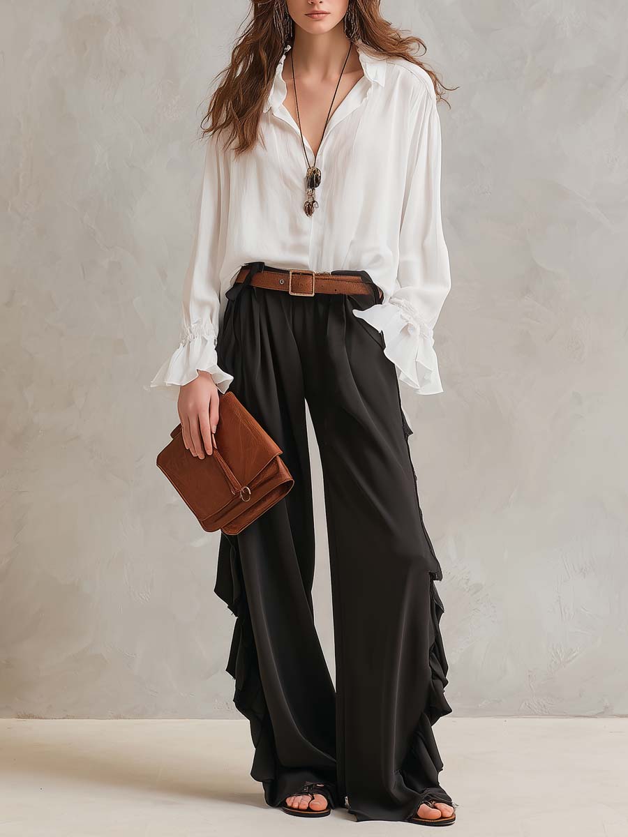 Retro ruffled chiffon shirt and pants two-piece set front view