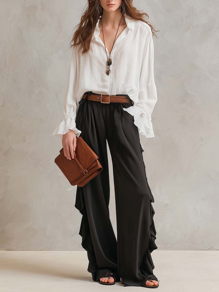 Retro ruffled chiffon shirt and pants two-piece set front view
