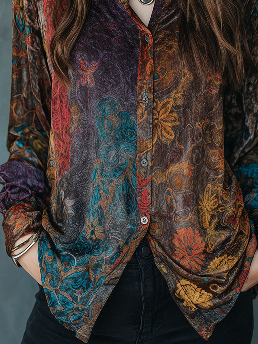 Floral velvet button-down shirt back view