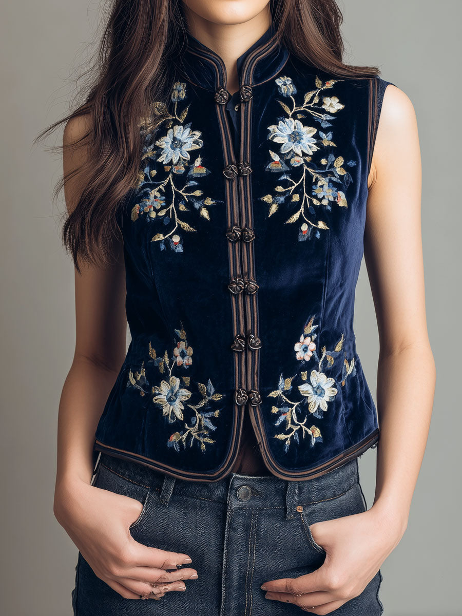 Boho mandarin collar navy velvet embroidered vest front view