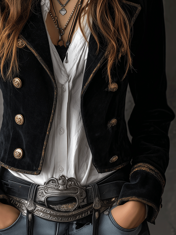 Black velvet military gold button detail view