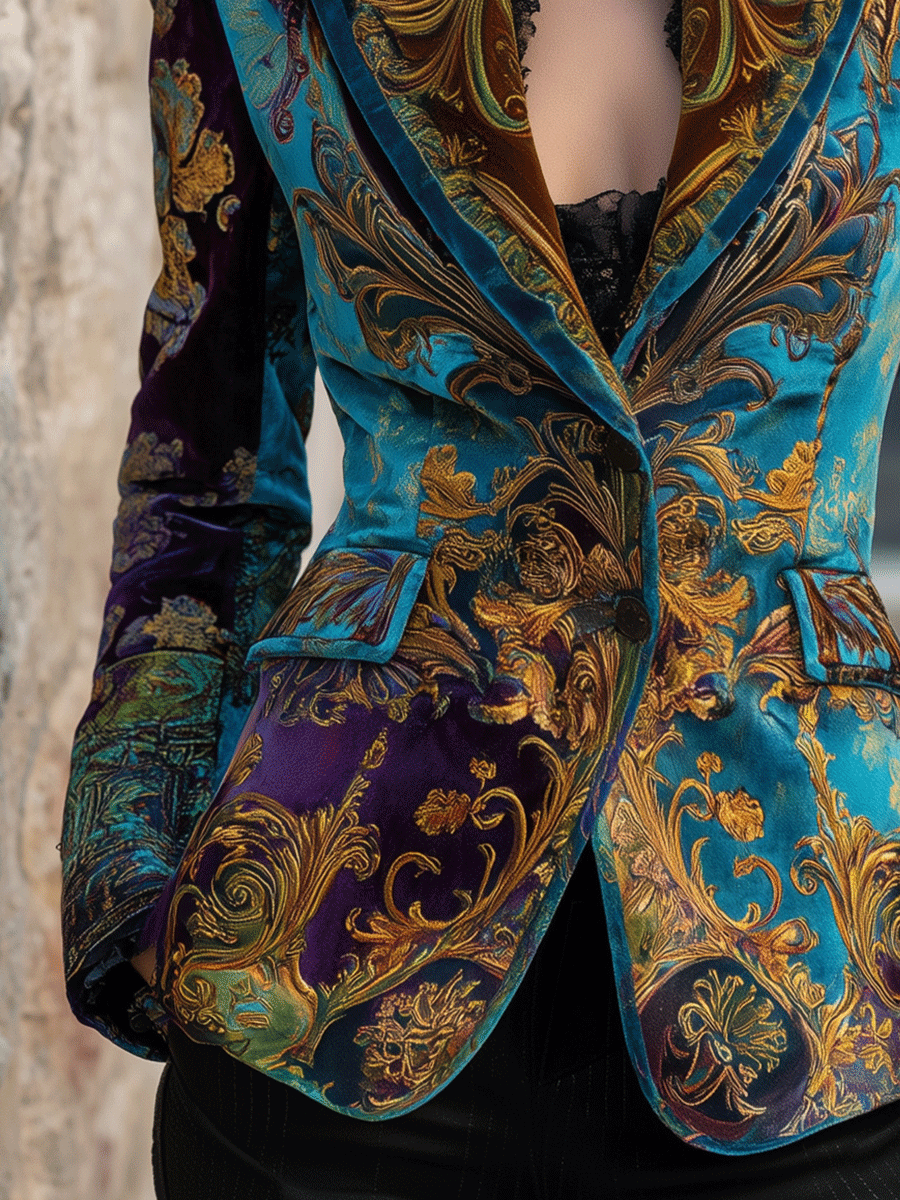 Baroque velvet blazer detail view