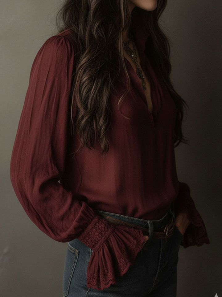 Wine red lace cuff blouse detail view