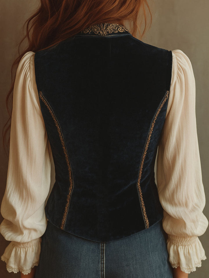Vintage baroque navy blue velvet embroidered vest styled view