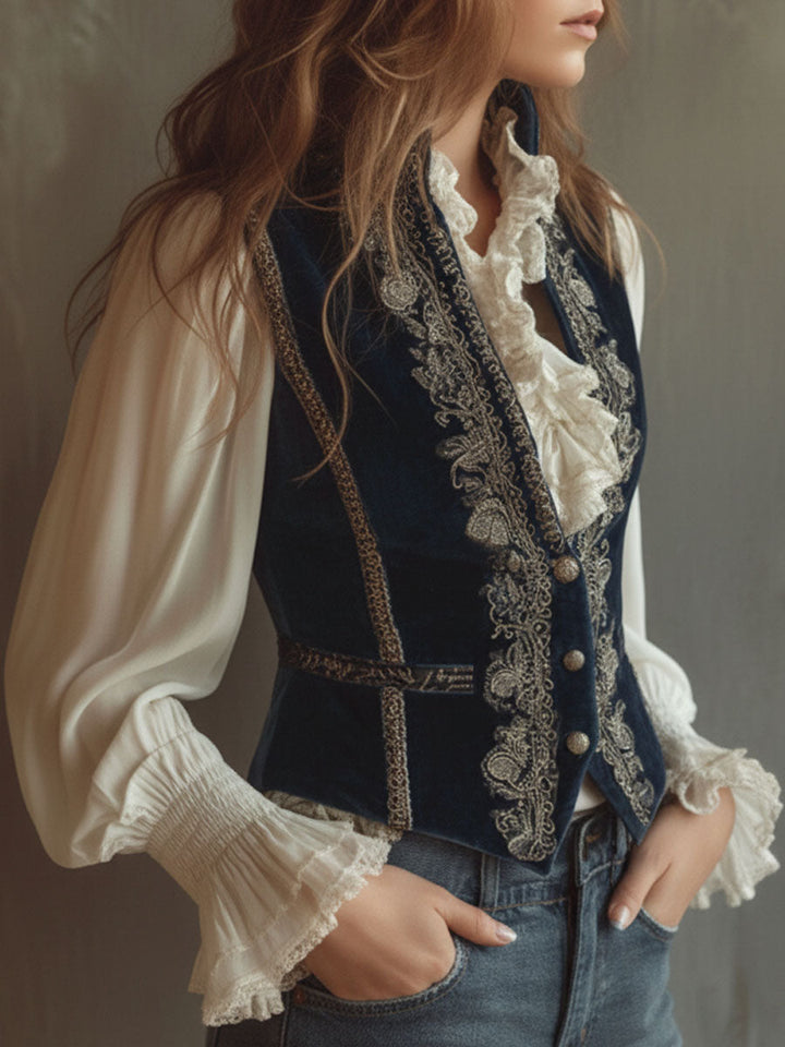 Vintage baroque navy blue velvet embroidered vest detail view