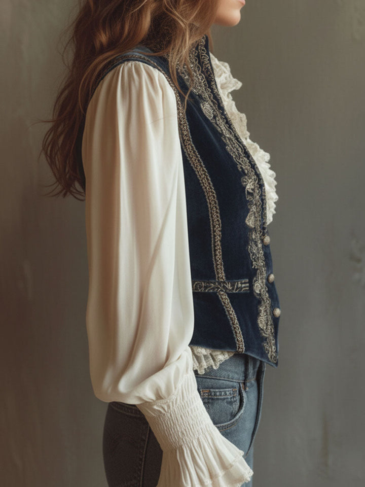 Vintage baroque navy blue velvet embroidered vest side view