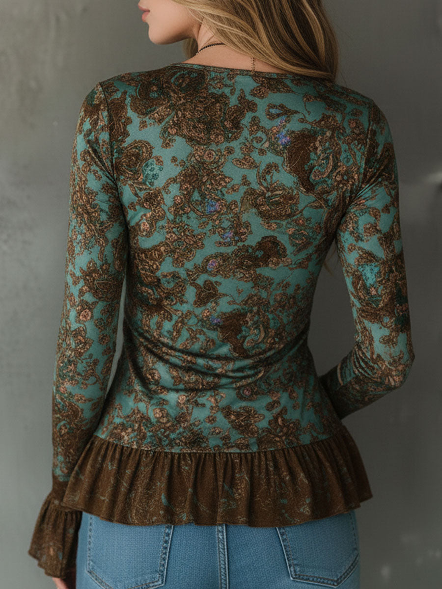 Boho sage floral blouse full length view
