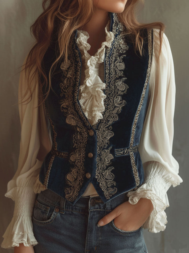 Vintage baroque navy blue velvet embroidered vest back view