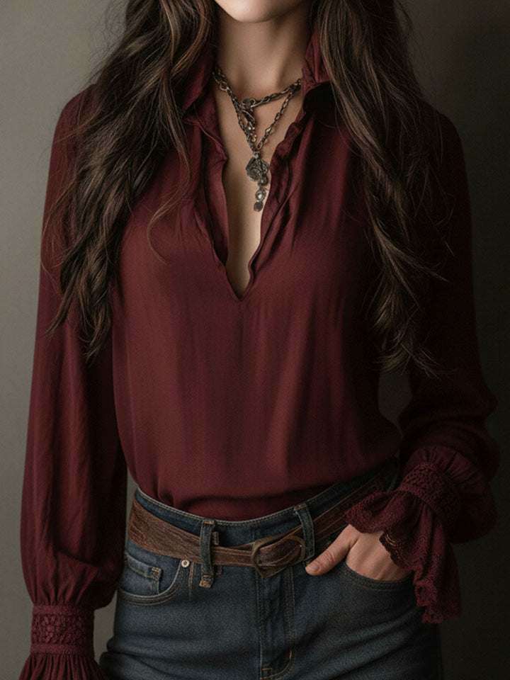 Wine red V-neck lace cuff blouse side view