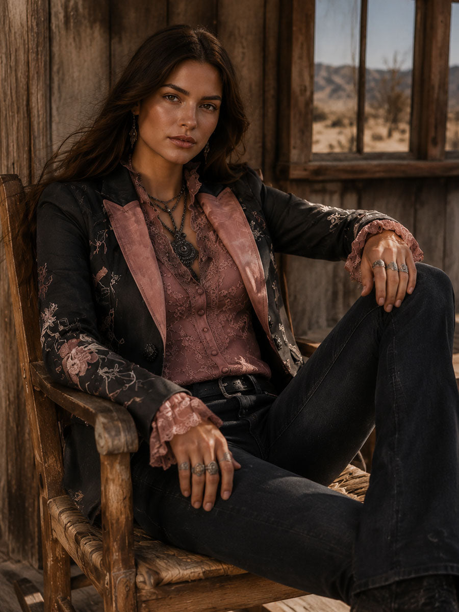 Floral embroidered satin blazer lapel detail