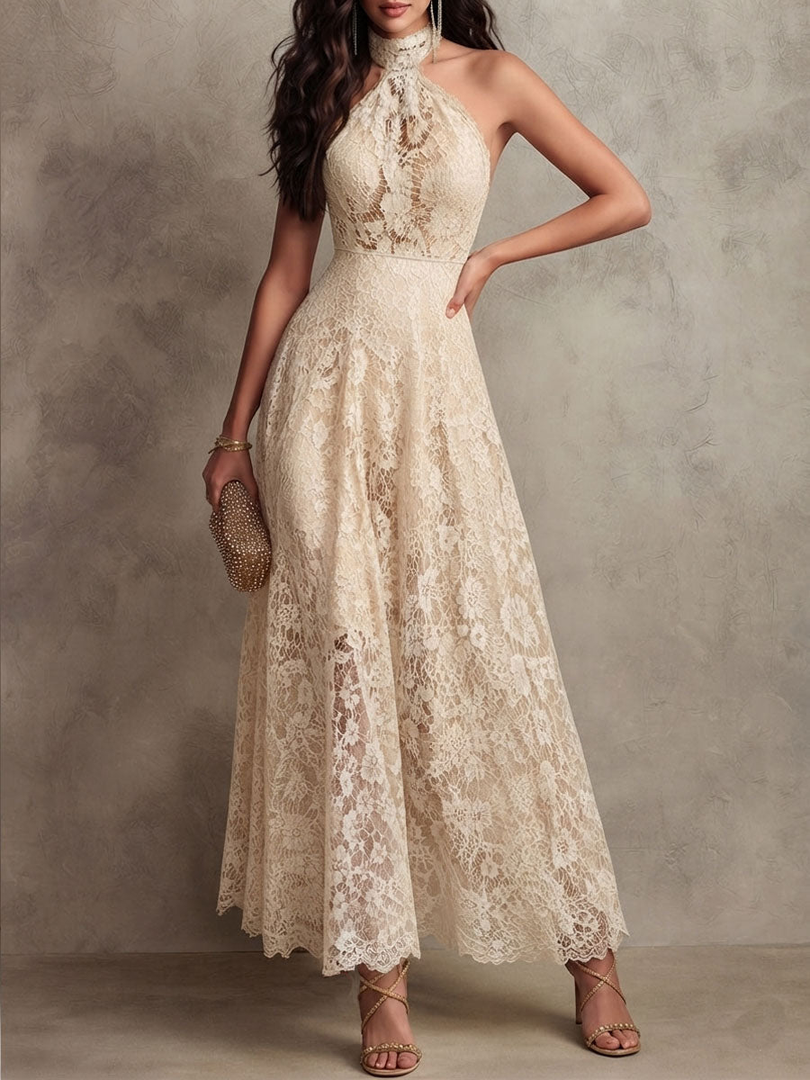 Lace halter evening dress back view