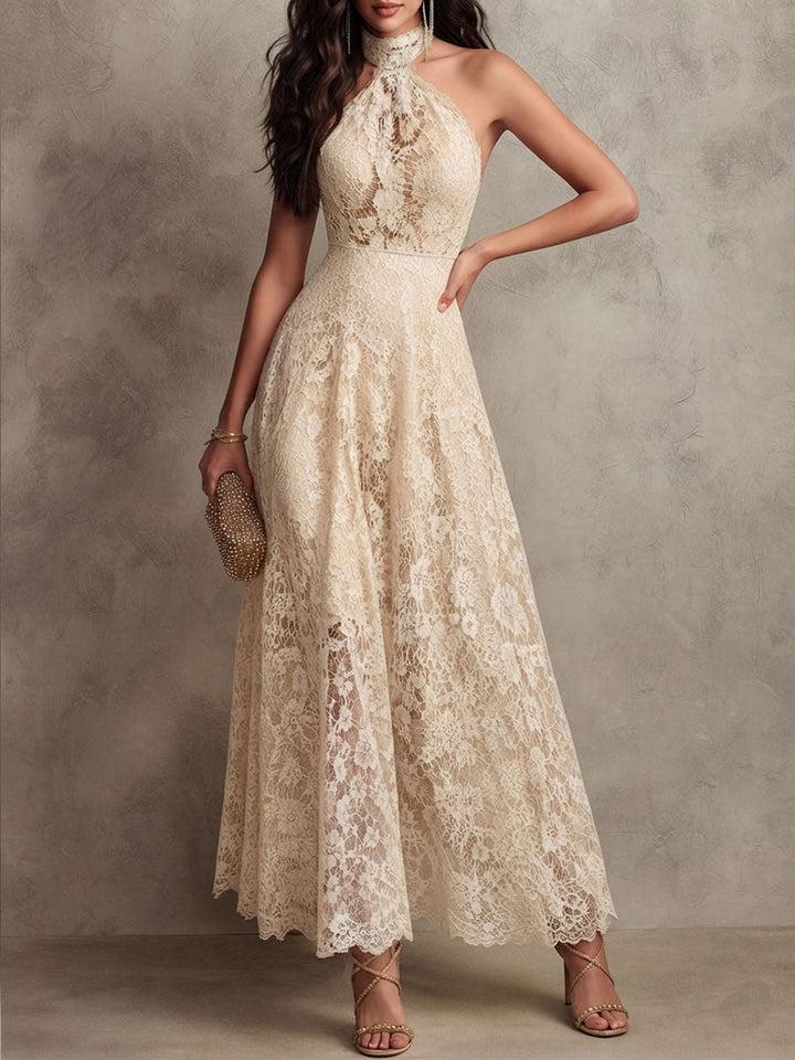 Lace halter evening dress back view