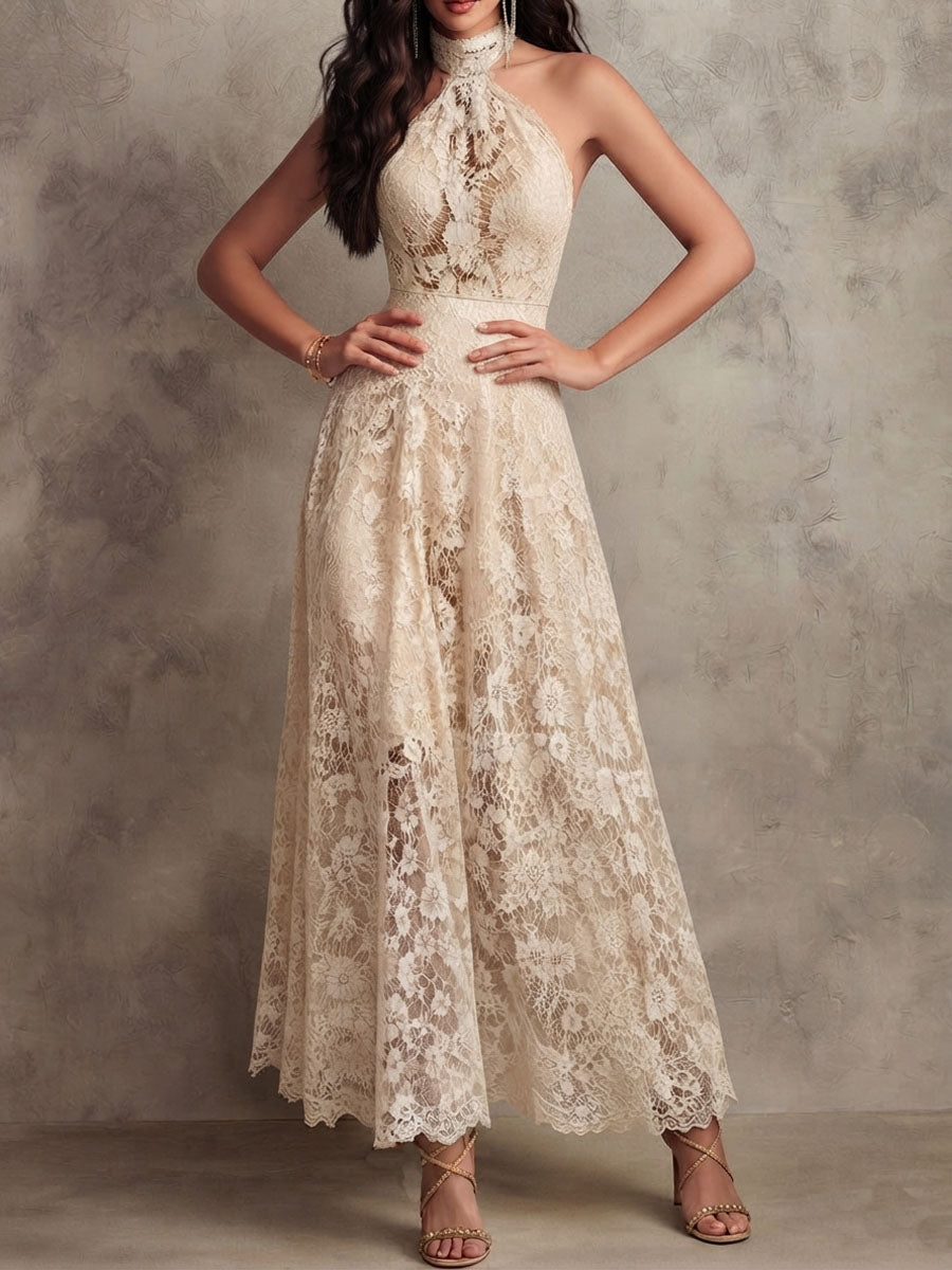 Ivory lace halter maxi dress styled look