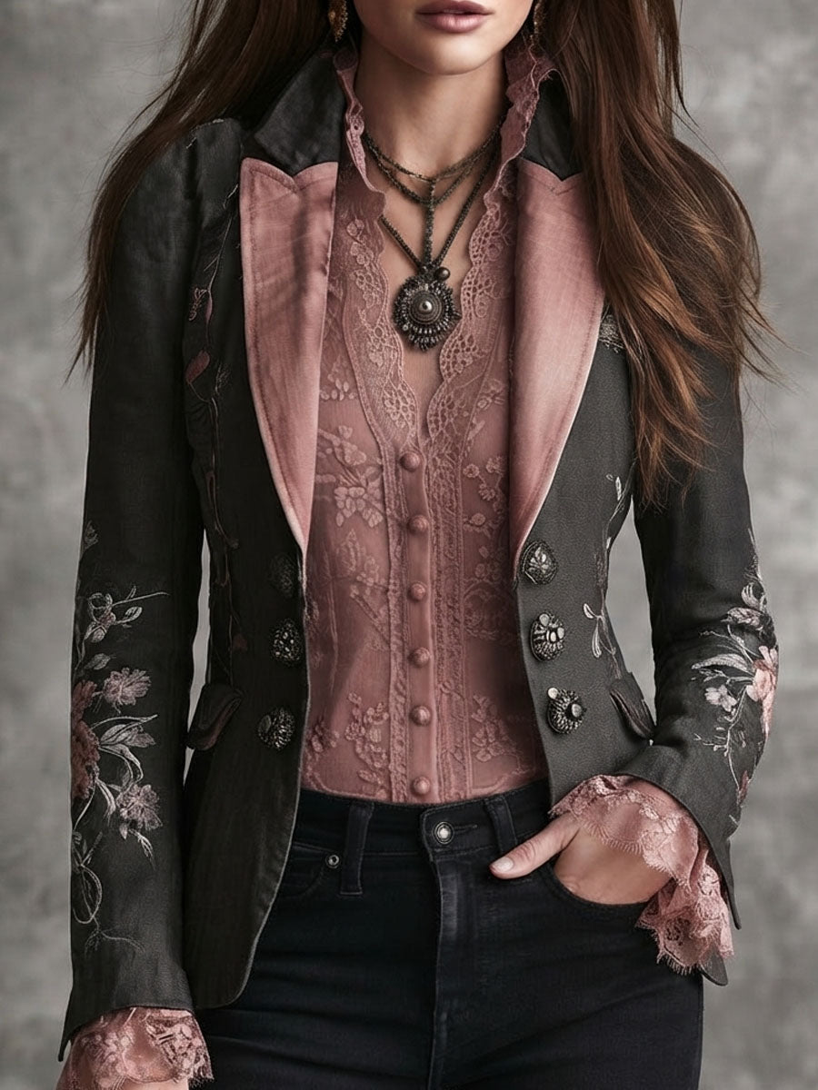 Floral satin lapel blazer back view