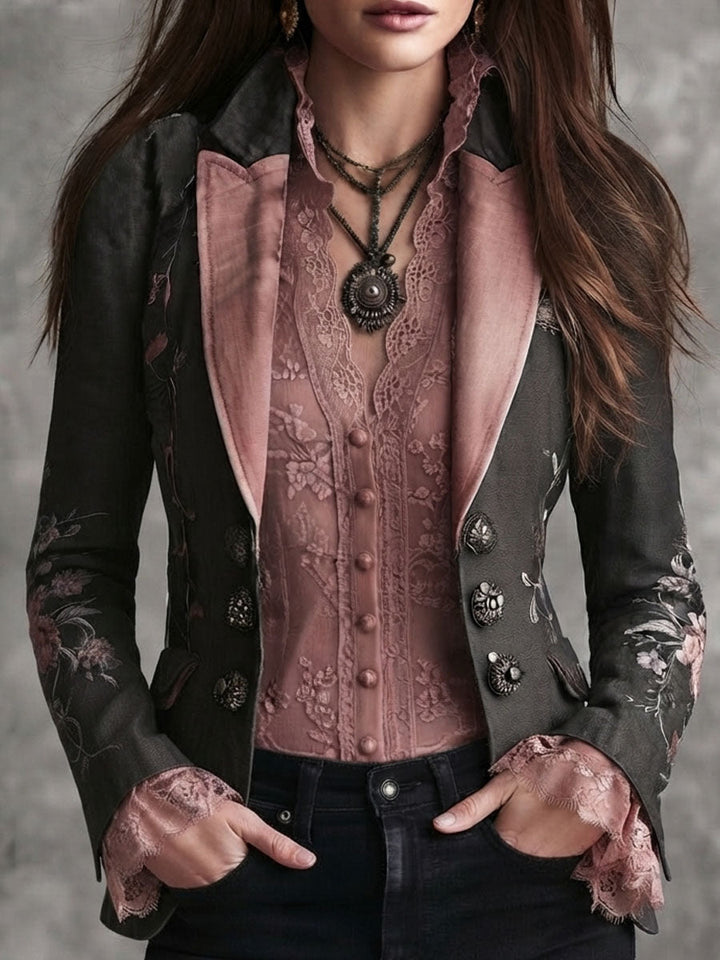Retro embroidered satin blazer styled outfit
