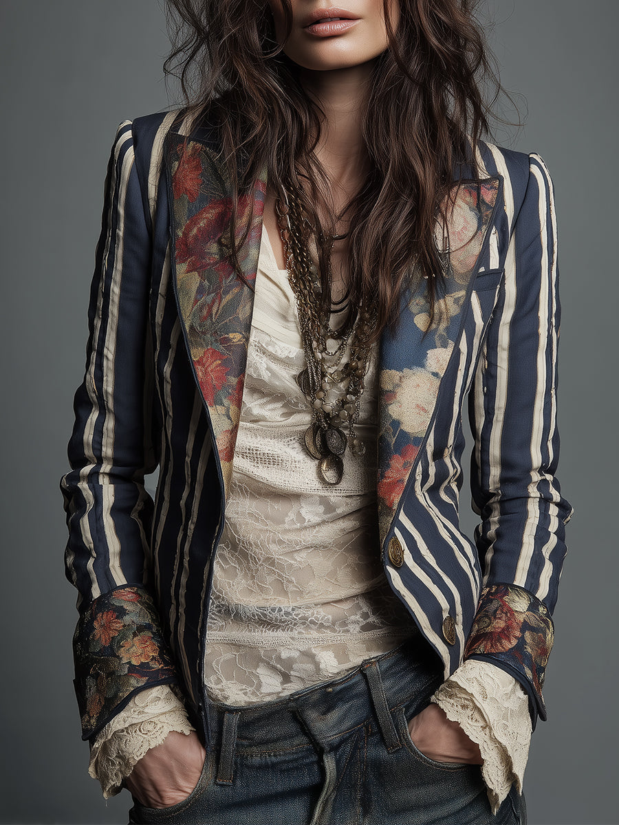 Bohemian floral print cotton and linen striped blazer front view