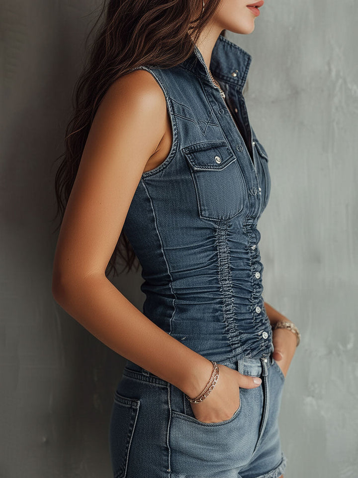 Blue denim sleeveless shirt back view