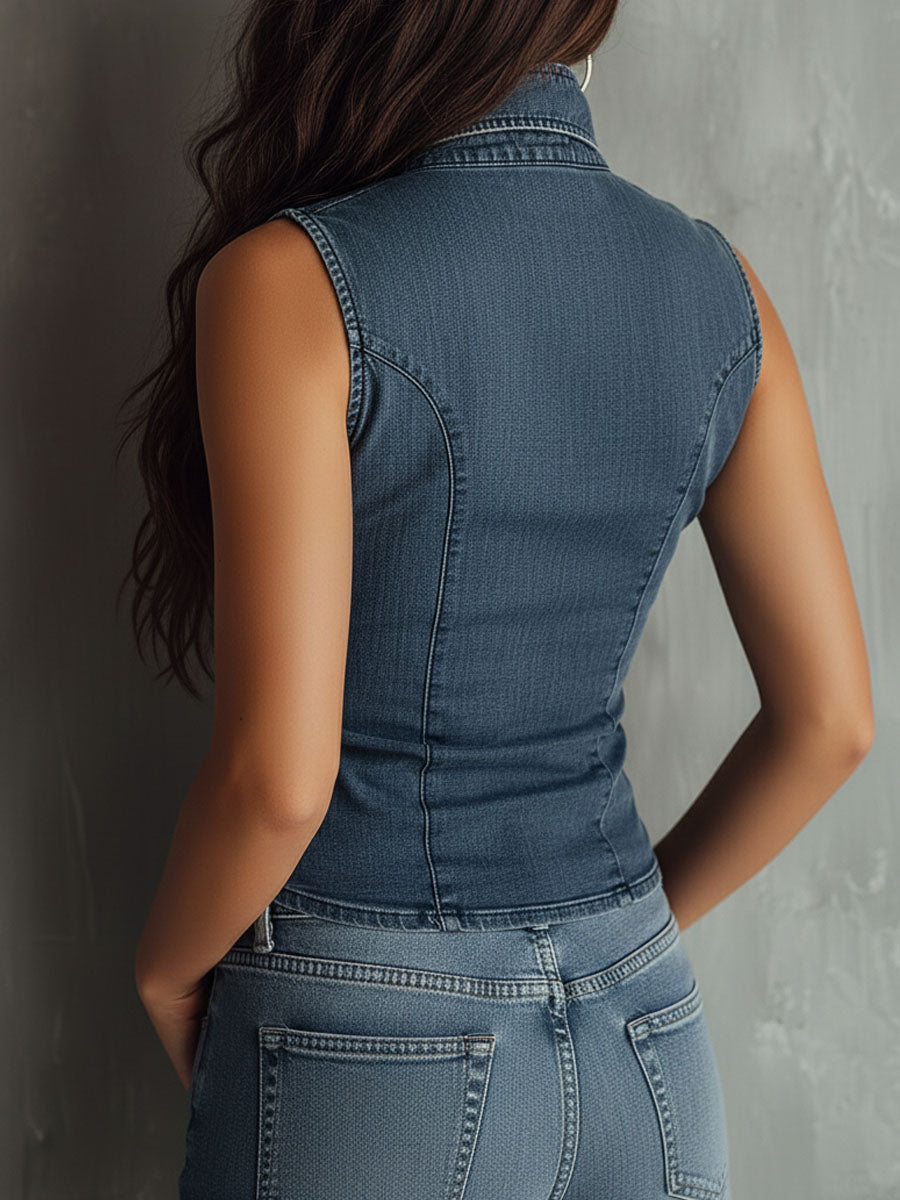 Ruched denim shirt detail view