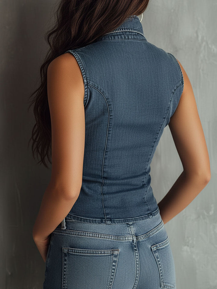 Ruched denim shirt detail view