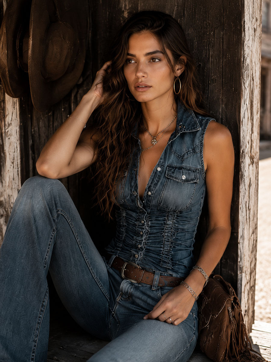 Ruched denim sleeveless shirt side view