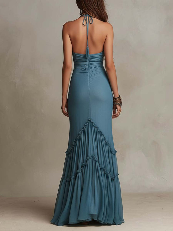 Ruched mermaid maxi dress back view