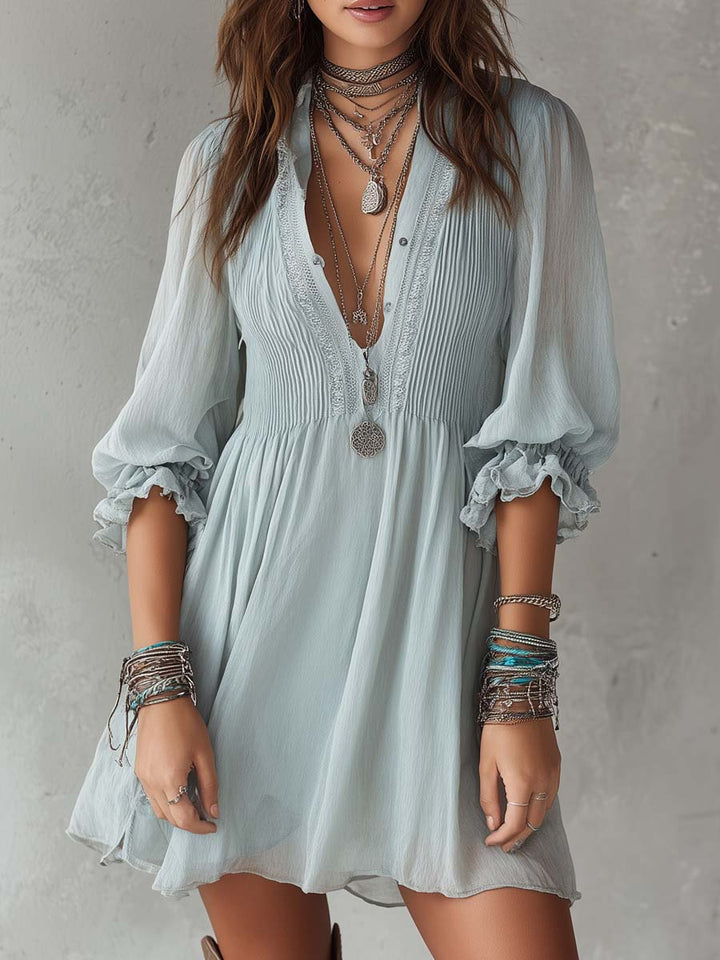 Ruffle cuffs chiffon mini dress detail close-up