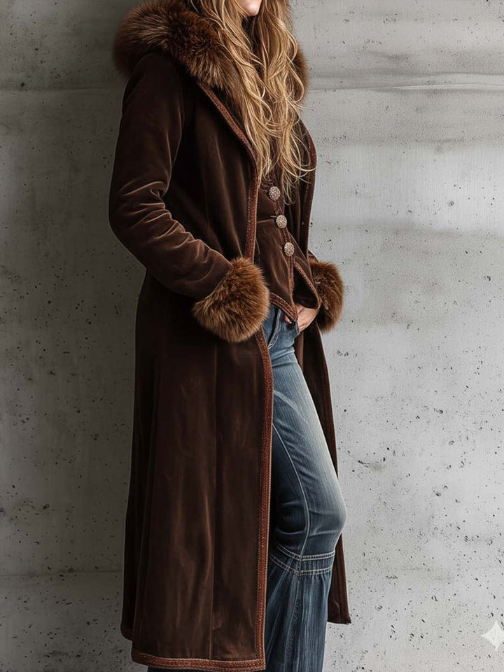 Brown microfiber suede maxi coat metal buttons faux fur trim back view