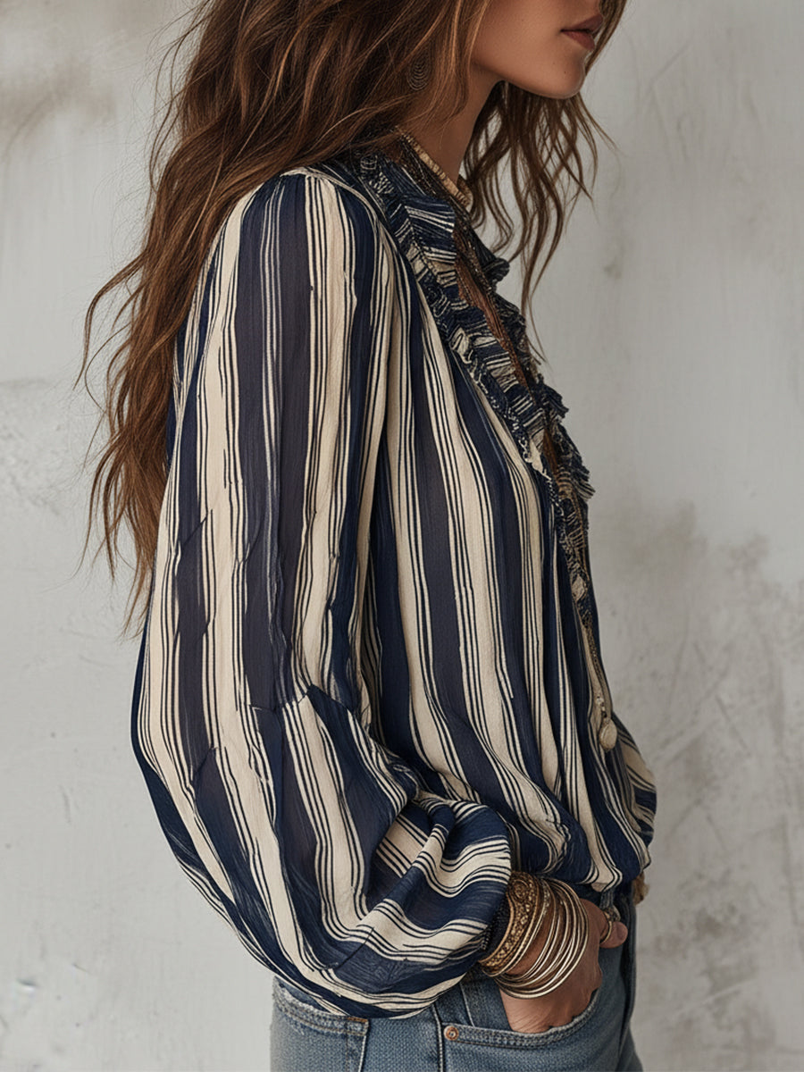 Striped chiffon ruffle blouse detail close-up