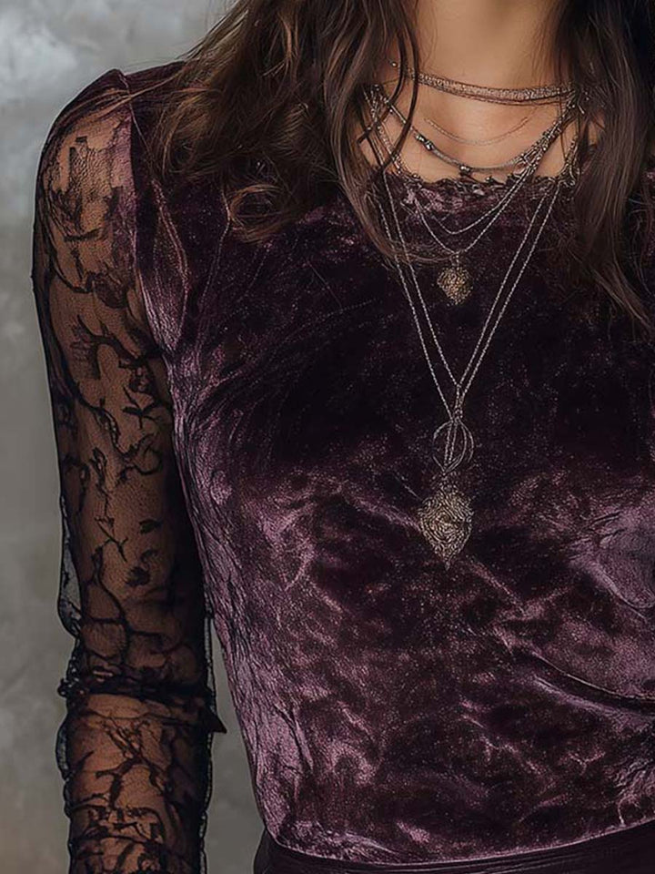 Velvet and lace gothic sheer-sleeve top side view
