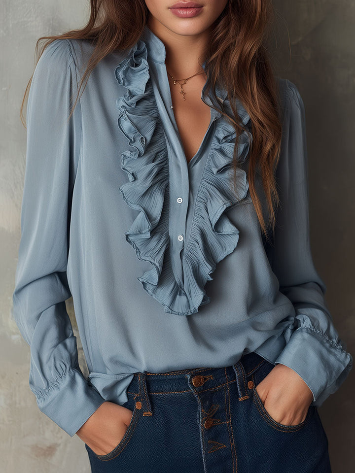 Dusty blue ruffle front v-neck button chiffon blouse front view