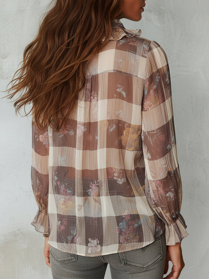 Plaid chiffon ruffle blouse side view