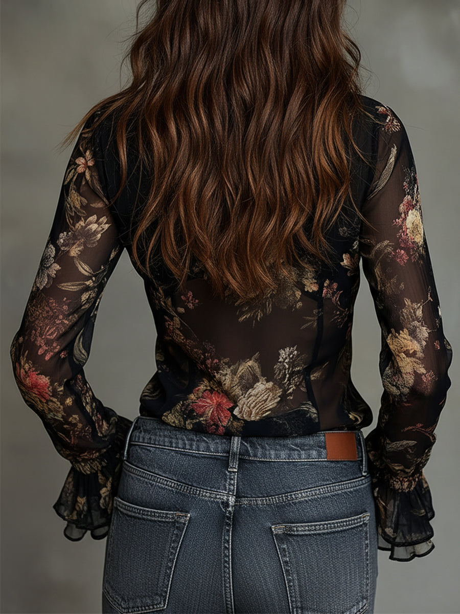 Vintage chiffon ruffle blouse side view