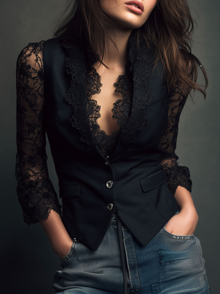 Black lace panel sleeve blazer top front view