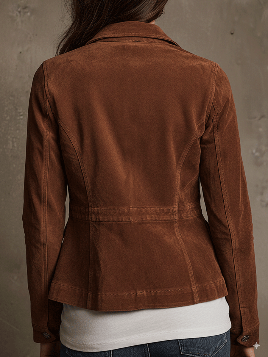 Brown suede utility jacket side view