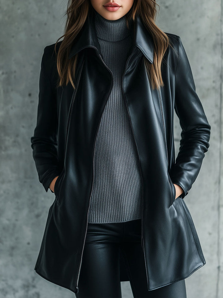 Solid color leather jacket detail view