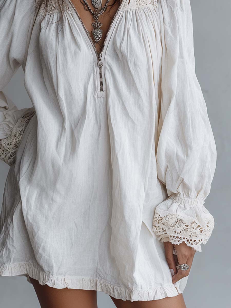 Vintage-style zip-up collar lace-trimmed white mini dress styled view