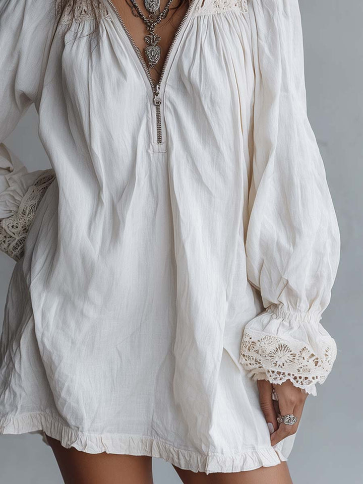 Vintage-style zip-up collar lace-trimmed white mini dress styled view