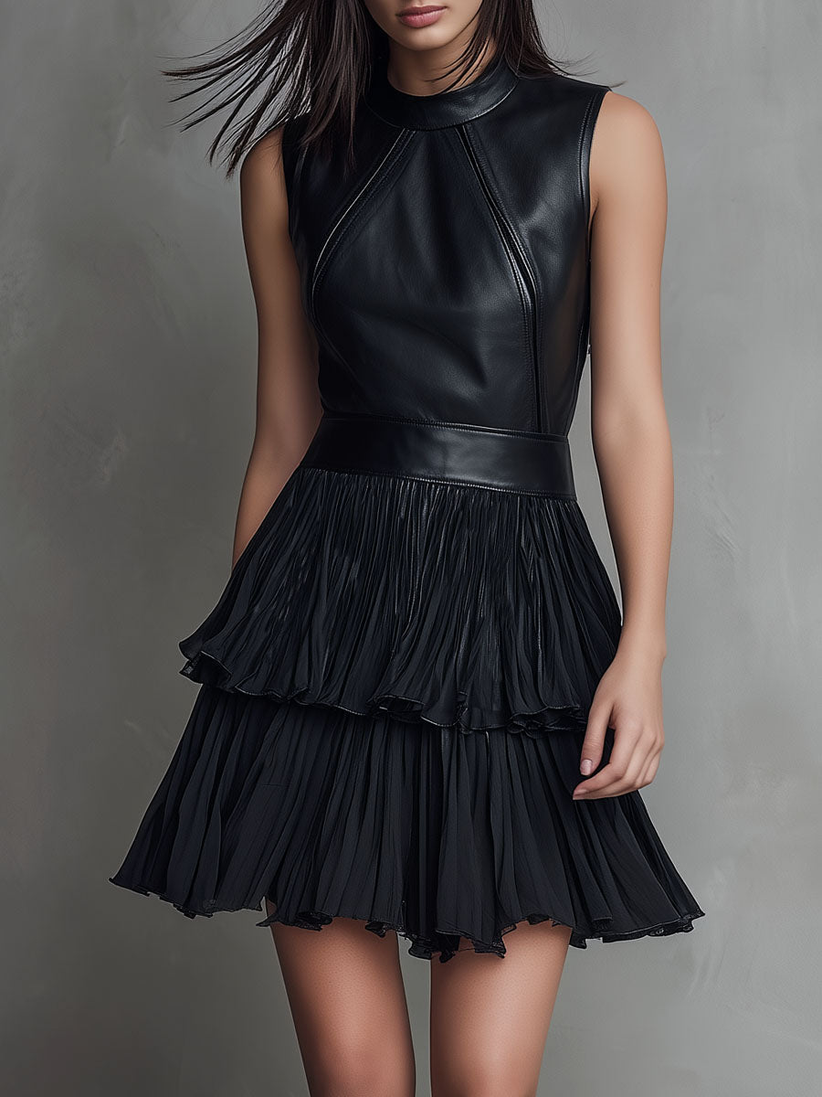 Black eco leather pleated chiffon mini dress front view