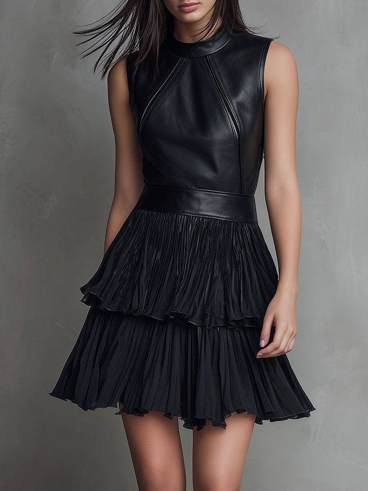 Black eco leather pleated chiffon mini dress front view