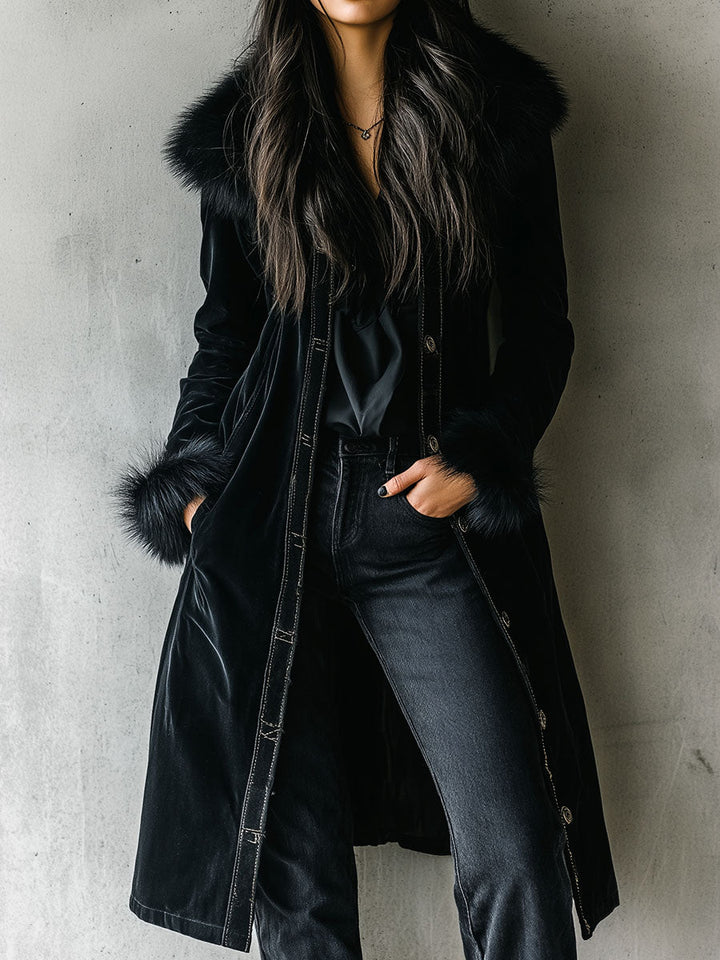 Elegant long black velvet coat eco fur collar front view