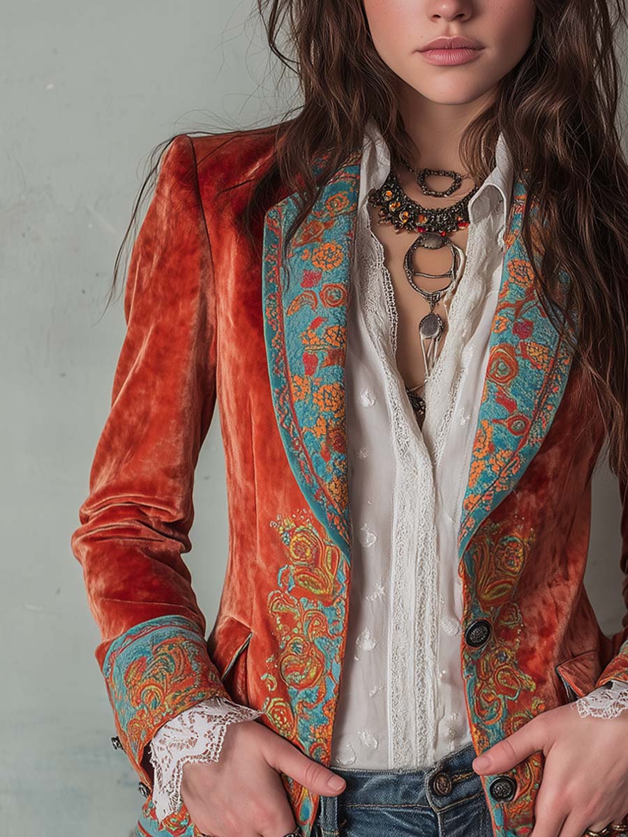 Contrast color velvet blazer back view