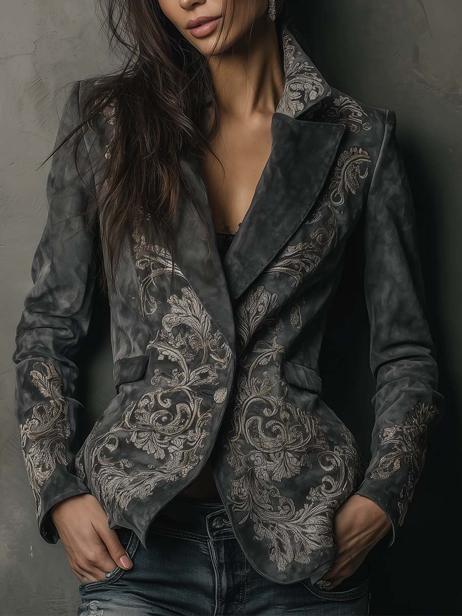 Embossed floral eco-suede blazer charcoal taupe front view