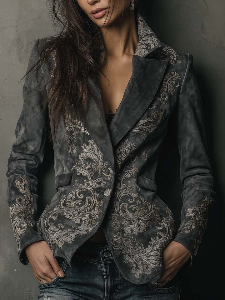 Embossed floral eco-suede blazer charcoal taupe front view