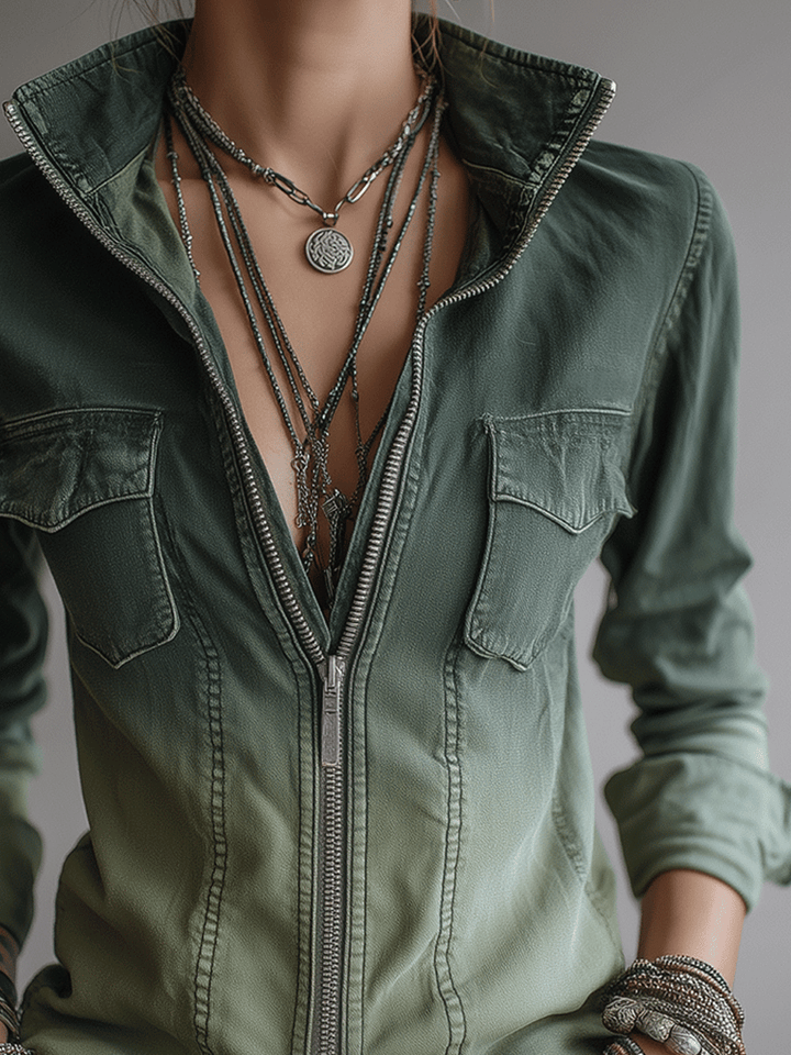 Green gradient denim workwear blouse detail view