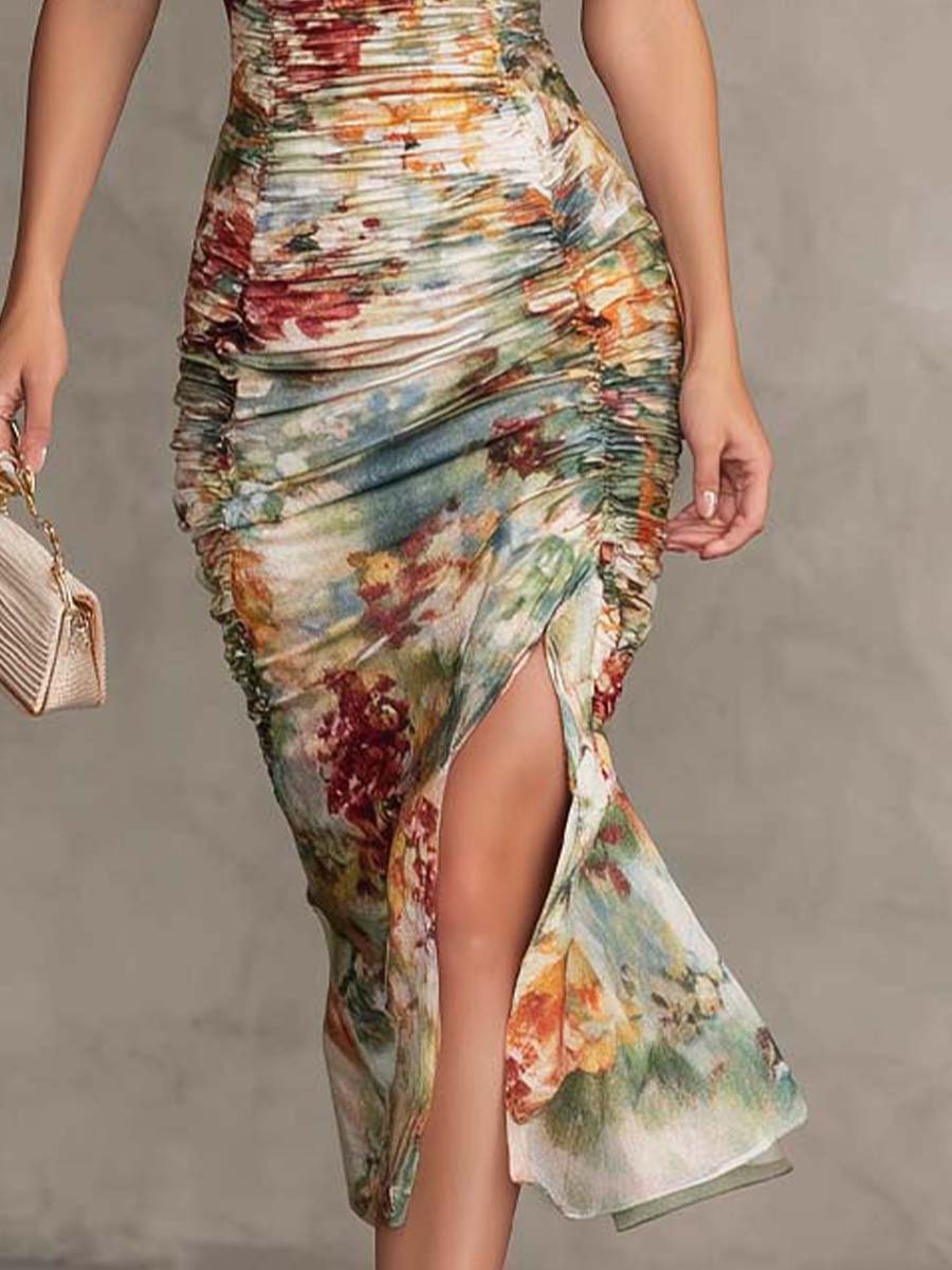 Retro floral midi dress full length view