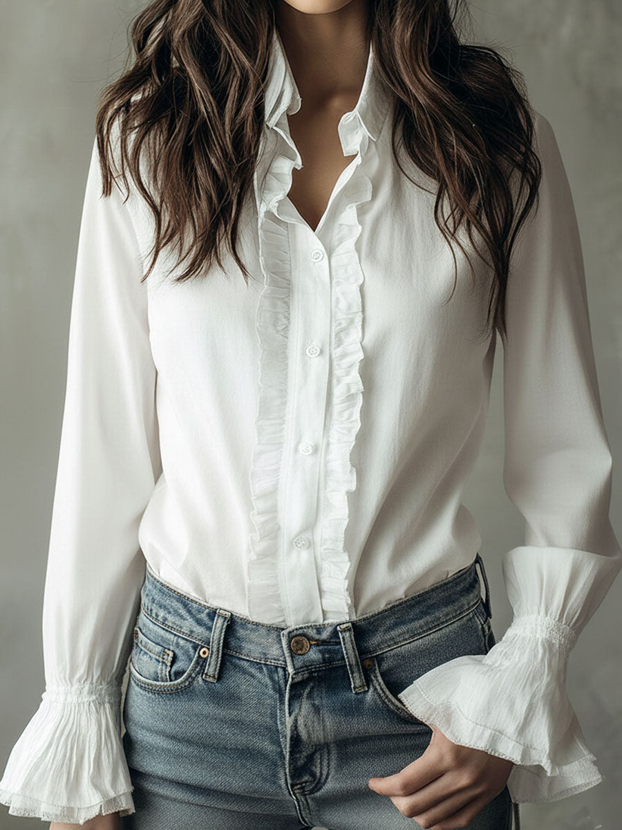 Elegant ruffled button-down flared cuff shirt front view