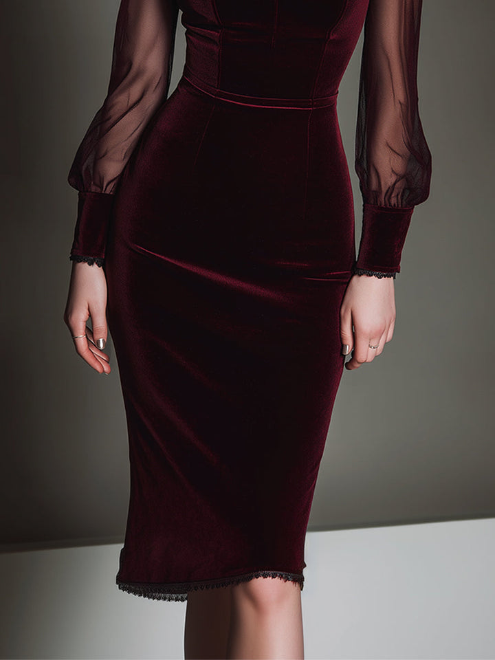 Elegant mesh velvet sweetheart neckline slim midi dress styled view