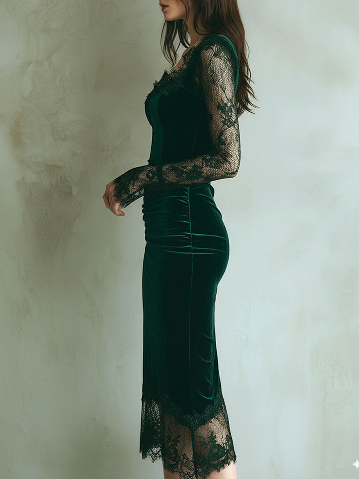 Elegant green velvet midi dress full length view
